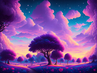 Captivating purple dreamy and fantasy anime clouds panorama view background. Generative AI, AI Generated.