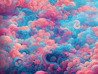 Mesmerizing abstract twirl and curly anime background textures with shades of cyan, pink, and cream. Generative AI, AI Generated.