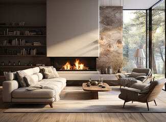 Mock up poster in modern home interior with fireplace, Scandinavian style, generative AI	
