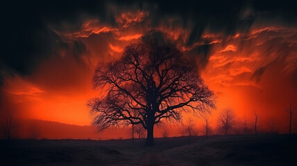 Black silhouette of a tree. Night sky with fiery orange red clouds. Generative Ai