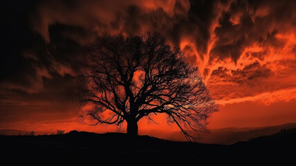Fototapeta na wymiar Black silhouette of a tree. Night sky with fiery orange red clouds. Generative Ai