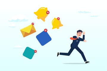 Businessman running away from apps, email and ringing bell notifications, annoy notifications disturbing pop up or online message sound, marketing or advertising push notifications concept (Vector) 