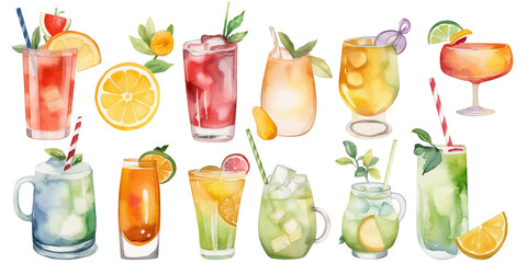 Orange, apple, lemon, avocado, peach and pomegranate drinks in glasses, set of summer watercolor juices in watercolor style