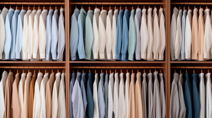 Clouse up mens shirts hanging neatly in the closet 