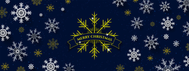 Elegant Christmas Holiday Banner with ornamental snowflake and Merry Christmas text greeting on ribbon garland on Teal Blue Background decorated with 3d snowflakes. Vector Illustration. EPS 10.