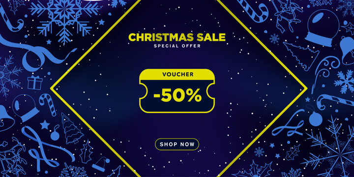 Elegant Christmas -50% Discount Voucher with shop now button on blue gradient background in framed with hand drawn Christmas elements, snowflakes, presents, snow, candy cane. Vector Illustration.
