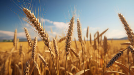 Fototapeta premium Giant ears of wheat against the blue sky