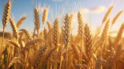 Fototapeta premium Giant ears of wheat against the blue sky