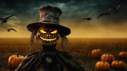 Halloween spooky pumpkin scarecrow on a wide field with the moon on a scary night , place for text, copyspace - obrazy, fototapety, plakaty