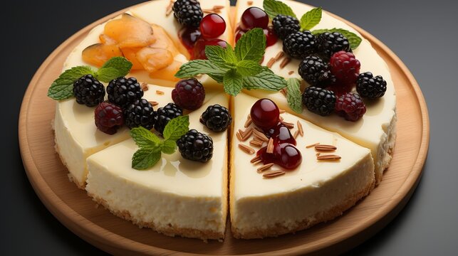 Food photography of a cheese cake with some berries. Generative ai