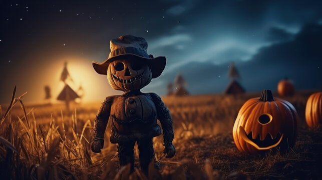 Halloween spooky pumpkin scarecrow on a wide field with the moon on a scary night , place for text, copyspace