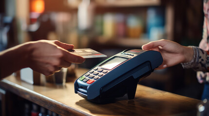 Hand of customer paying with contactless credit card 