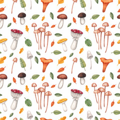 Seamless pattern with mushrooms and autumn leaves on a white background. Watercolor illustration. Print on fabric and paper. Wallpaper. Nature. Forest. Natural. Plants. Art. Design. Handmade work. 