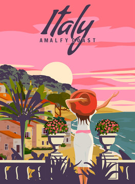 Italy, Lady on vacation, Riviera coast poster vintage, palm, resort, coast, sea, beach