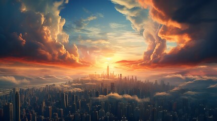 Aerial view of a city with tall buildings, epic landscape golden hour time. Generative ai