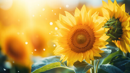 Fototapeta premium Yellow sunflowers with sun rays in bright summer blurred background