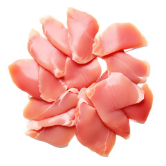 Raw chicken fillet. Small pieces of meat isolated on white.