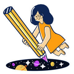 Kid drawing universe planet on the floor. Character design Isolate on white background