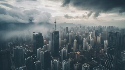 Aerial view of a city with tall buildings, epic landscape with clouds. Generative ai