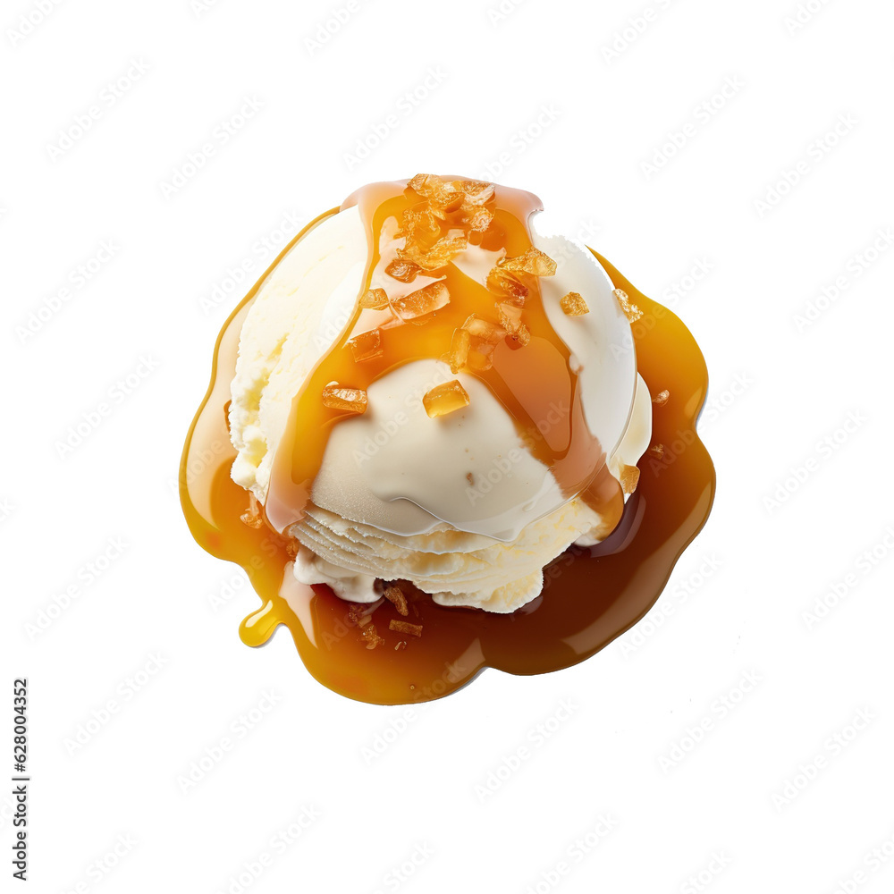 Poster ice cream ball with caramel cubes and caramel sauce isolated on white.