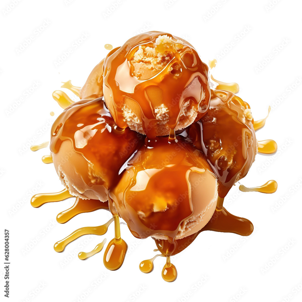 Poster ice cream ball with caramel cubes and caramel sauce isolated on white.