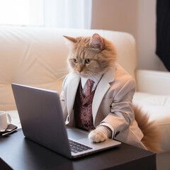 A Cat Wearing a Business Suit Working on a Laptop - obrazy, fototapety, plakaty