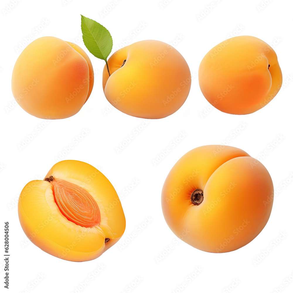 Poster Set of apricot with half of apricot and apricot kernel isolated on white background.