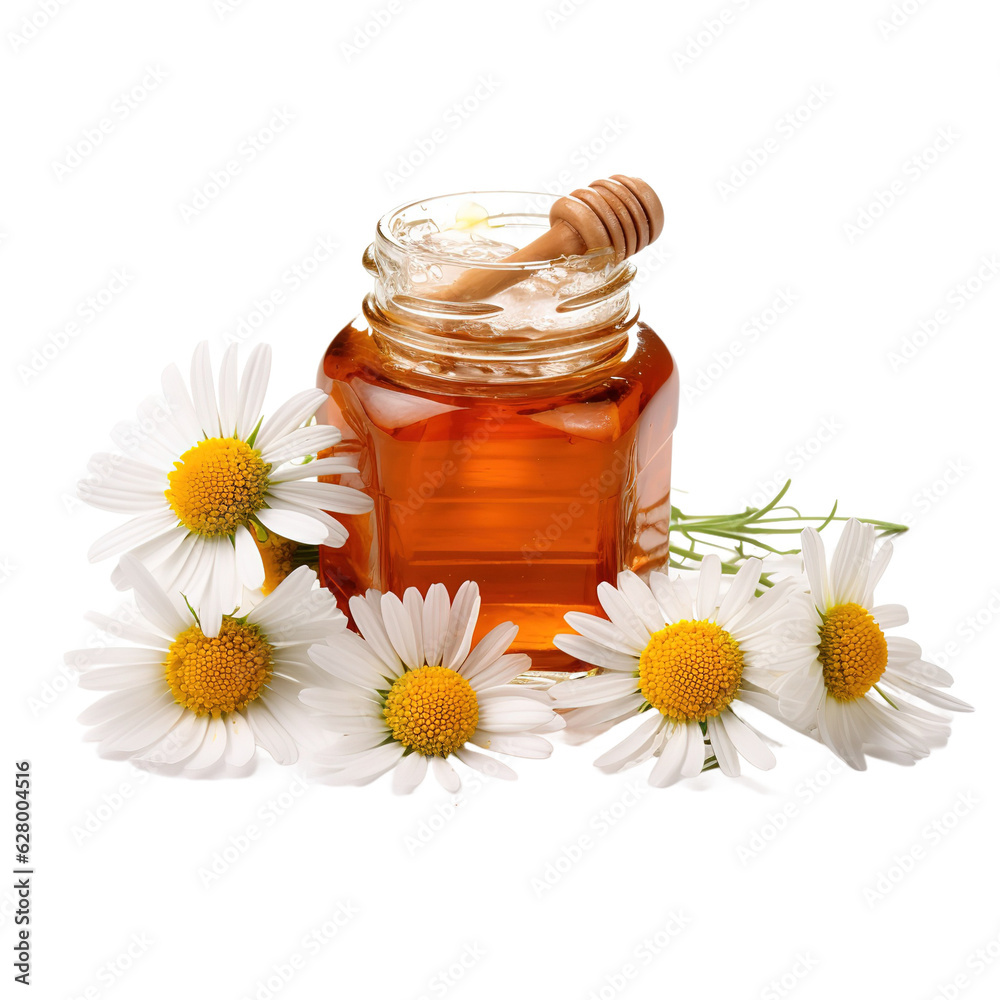 Poster honey with daisies isolated on white background with clipping path.