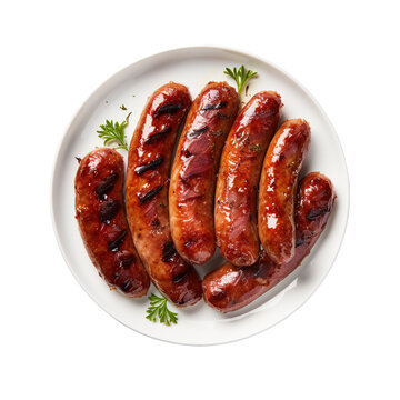 Grilled sausages on white plate.