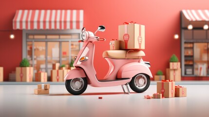 E-commerce concept, Delivery service on mobile application, Transportation or food delivery by scooter, 3d rendering. Created with generative AI.