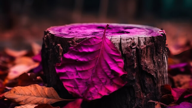 Oned purple fallen autumn dry red leaves on a tree stump. Viva magenta color. Generative Ai