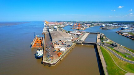 Bremerhaven - Ship dock is on the outer quay - An aerial view with the drone