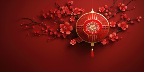 A chinese lantern with flowers on a red background. Elegant design for Chinese New Year greeting card.