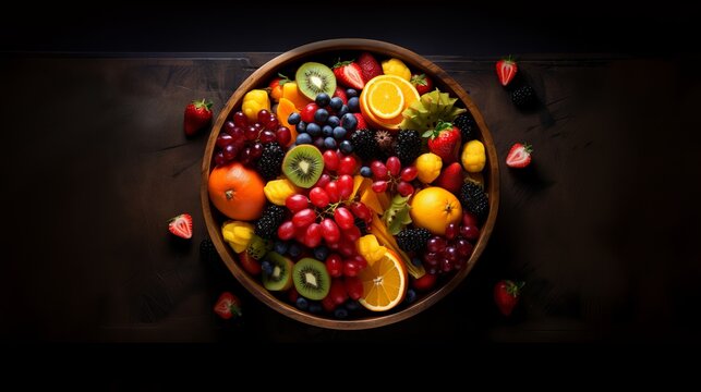 Variety of fruits photography inside a bowl frop top view. Generative ai