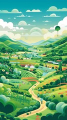 Fototapeta premium Landscape of a village, green gield, beautiful sky, epic clouds. Generative ai