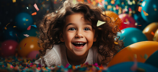 Fototapeta na wymiar Portrait of a little cheerful girl surounded by colorful balloons and confetti.