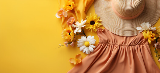 Summer hat and dress and flowers on yellow background. Summer and travel concept. 