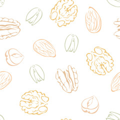 Nuts seamless pattern. Line art vector illustration. Healthy organic food background. Pecan, pistachios, walnut, hazelnut and almond.