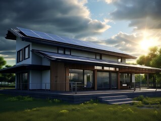 3D house with solar panel roof on a bright day, green park, modern house, elegant and luxury. Generative ai