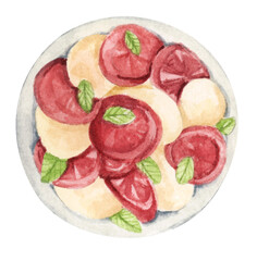 Watercolor illustration of a variety of holiday food.