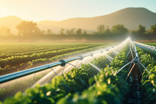 agricultural irrigation as sprinklers nourish the fertile farmland. This eco-friendly method ensures green fields and thriving plants, underlining the significance of sustainable farming practices. - Powered by Adobe