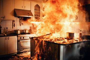 sudden accident in the kitchen leads to a fire outbreak, causing chaos and urgency. Quick thinking and action are essential to prevent further escalation. - Powered by Adobe