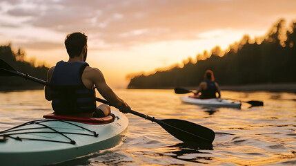 Rear view of man riding kayak in river at sunset.