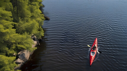 Top down view of kayaking beside the shore in the lake.