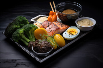 Fototapeta na wymiar A tray with a variety of foods on it. Digital image. Premade meal.