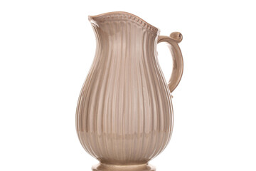 One ceramic jug, macro, isolated on white background.
