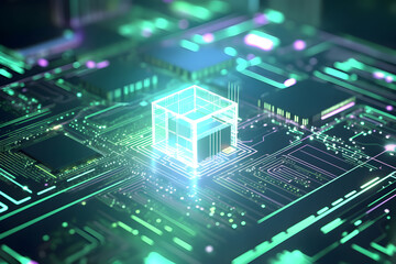 Data storage cube between neon pathways. Quantum computing, database, cloud computing concept.