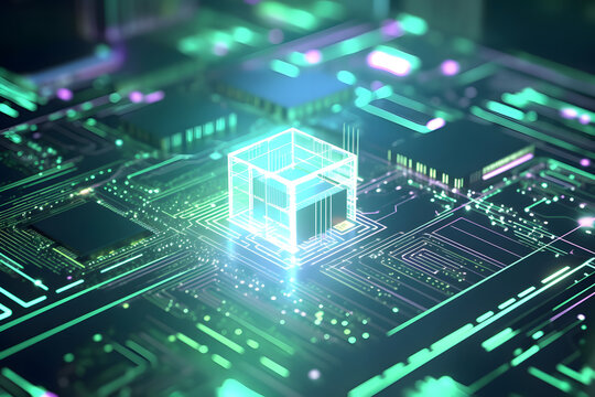 Data storage cube between neon pathways. Quantum computing, database, cloud computing concept.