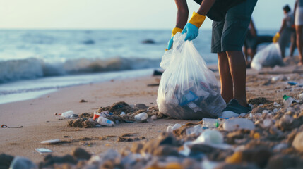 Man in gloves pick up plastic bags that pollute sea. Problem of spilled rubbish trash garbage on the beach sand caused by man - made pollution and environmental, campaign to clean volunteer in concept - obrazy, fototapety, plakaty