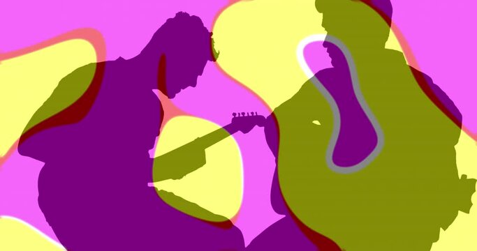 Animation of colourful shapes moving over silhouettes of two men playing guitar